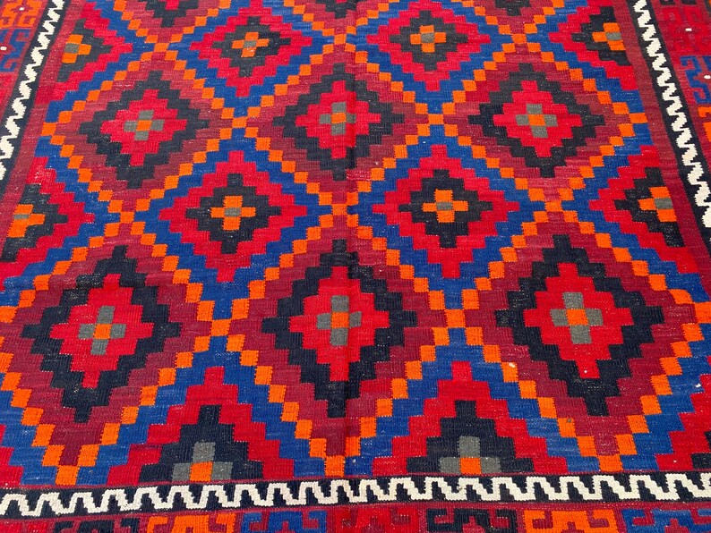 8x11 Vintage Geometric Afghan Kilim Rug – Handwoven Wool Tribal Flat-weave Carpet, Oversized Home Decor image 5