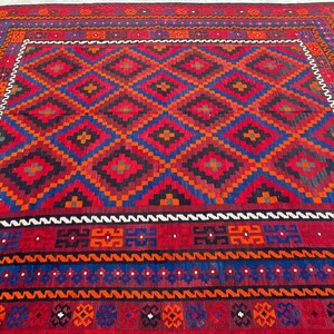 8x11 Vintage Geometric Afghan Kilim Rug – Handwoven Wool Tribal Flat-weave Carpet, Oversized Home Decor image 9