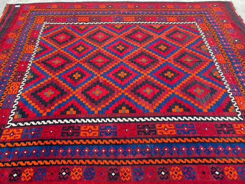 8x11 Vintage Geometric Afghan Kilim Rug – Handwoven Wool Tribal Flat-weave Carpet, Oversized Home Decor image 9