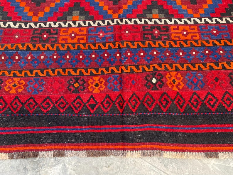 8x11 Vintage Geometric Afghan Kilim Rug – Handwoven Wool Tribal Flat-weave Carpet, Oversized Home Decor image 4