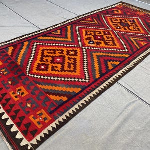 4x10 Ft Afghan Maimana Kilim Runner – Handmade Wool Flatweave – Red And Orange Geometric Tribal Rug – Oriental Hallway & Living Room Runner