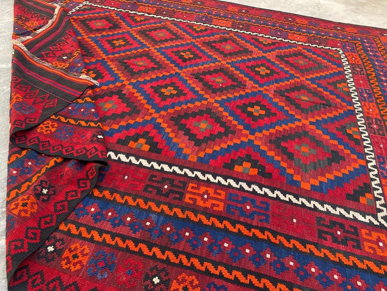 8x11 Vintage Geometric Afghan Kilim Rug – Handwoven Wool Tribal Flat-weave Carpet, Oversized Home Decor image 1