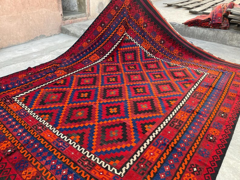 8x11 Vintage Geometric Afghan Kilim Rug – Handwoven Wool Tribal Flat-weave Carpet, Oversized Home Decor image 12