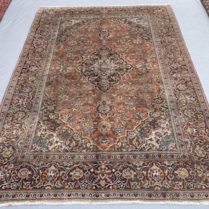 Antique Hand Knotted 6x9 Area Rug, Vintage Turkish Terracotta Wool Rug, Medallion Botanical Style Teppich, Tribal Living Room Rug