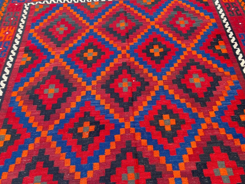 8x11 Vintage Geometric Afghan Kilim Rug – Handwoven Wool Tribal Flat-weave Carpet, Oversized Home Decor image 6