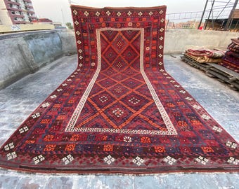 16 x 10 Fuß großer afghanischer Kelim-Teppich, handgemachter geometrischer flachgewebter Wohnzimmerteppich aus Wolle