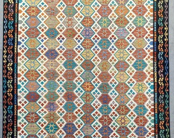Authentic Oversized Afghan Kilim Rug 10x14 Multicolor Tribal Flatweave Wool Carpet for Home decor
