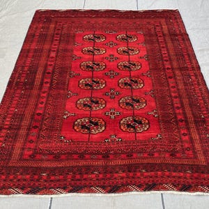 Authentic Afghan Turkmen Ahal Gul Rug | 6.7x8.7 Ft Handwoven Wool Area Rug | Red Tribal Living Room Carpet | Oriental Rug | Bedroom Rugs