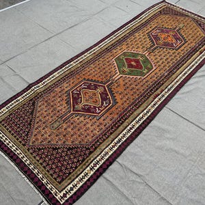4x10 Ft Rustic Antique Afghan Kilim Rug –Vintage Wool Flatweave Runner –Pink Orange Black Green Tribal Geometric Oriental Hallway carpet