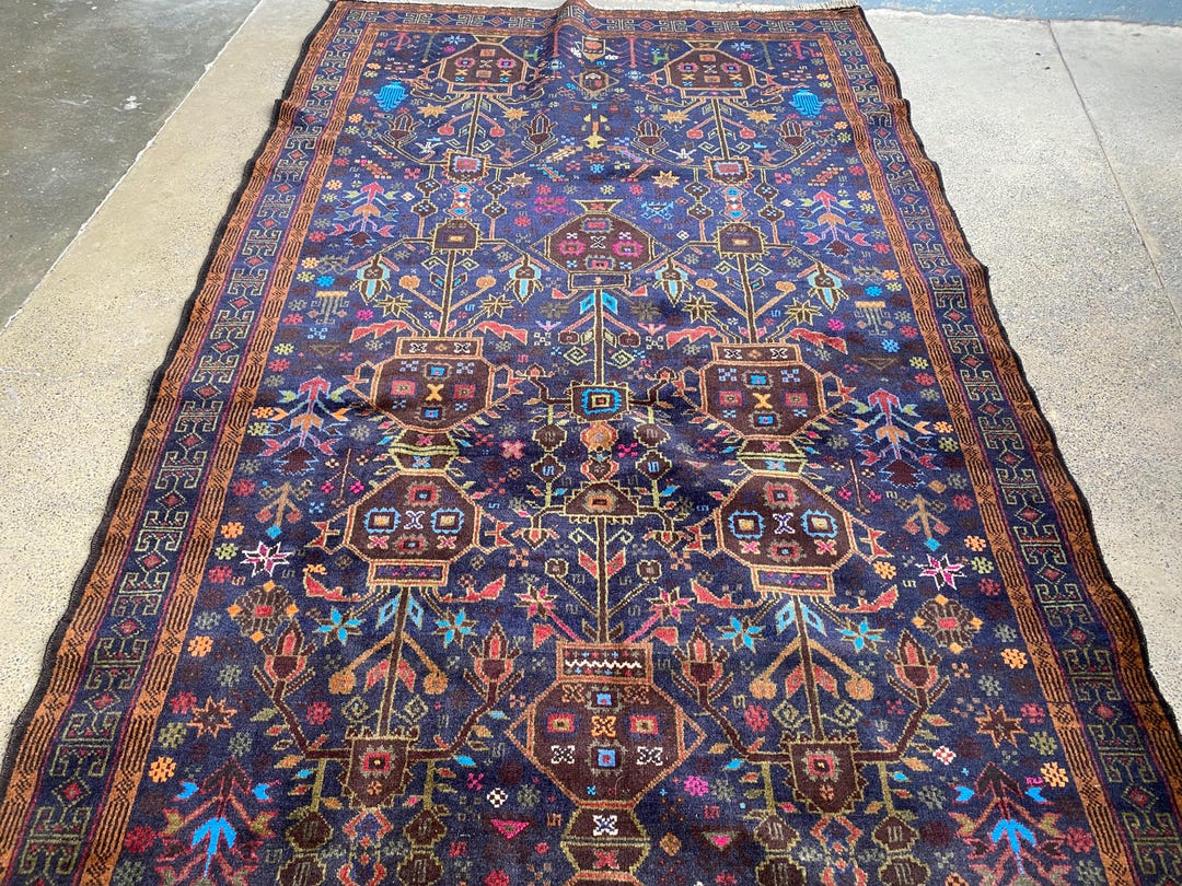Afghan Navy Blue Flower Pot Design Rug, Handmade Baluch Tribal Wool 4x6 ...