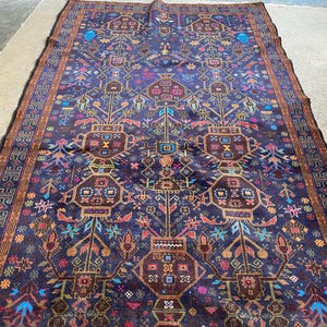 Afghan Navy Blue Flower Pot Design Rug, Handmade Baluch Tribal Wool 4x6 Area Carpet
