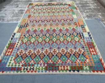 Large Afghan Kilim Area Rug: 16x10 Vintage Wool Flatweave, Geometric Boho Carpet For Livingroom