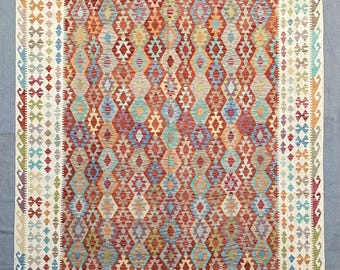 Extra Large Afghan Kilim Rug, 10x16, Geometric Flatweave Wool Carpet