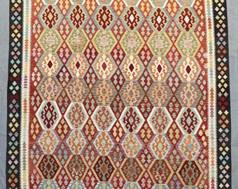 Oversized Afghan Kilim Rug 10x14, Handmade Wool Geometric Flatweave