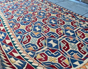 5x9 ft Afghan Embroidered Kilim Rug – Vintage Wool Geometric Sozani Rug - Wall Hanging Artistry