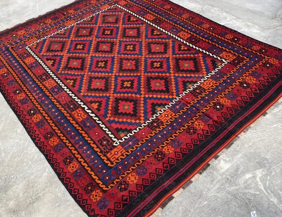8x11 Red Vintage Afghan Kilim Rug – Handwoven Wool Tribal Flatweave Carpet
