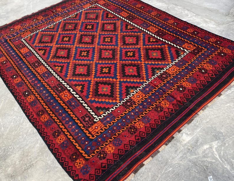 8x11 Vintage Geometric Afghan Kilim Rug – Handwoven Wool Tribal Flat-weave Carpet, Oversized Home Decor image 2
