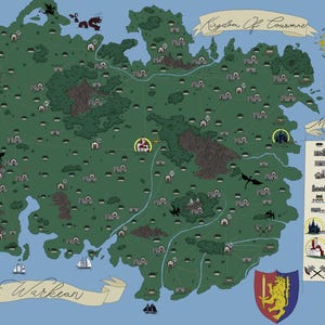 Könnte beinhalten: Eine Fantasy-Karte des Königreichs Couronne mit dem Banner "Warkean" am unteren Rand. Die Karte zeigt Berge, Wälder, Städte und Drachen. Eine Windrose und eine Legende befinden sich in der oberen rechten Ecke. Das Wappen von Couronne befindet sich unten rechts.