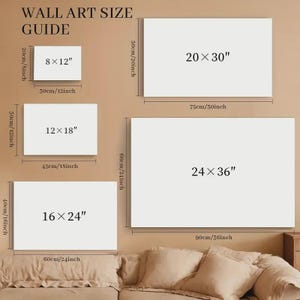 Puede incluir: Una gu&iacute;a de tama&ntilde;os de arte mural muestra lienzos rectangulares. Los tama&ntilde;os incluyen 20x30cm (8x12 pulgadas), 30x45cm (12x18 pulgadas), 40x60cm (16x24 pulgadas), 50x75cm (20x30 pulgadas) y 60x90cm (24x36 pulgadas). La gu&iacute;a est&aacute; sobre un fondo neutro.