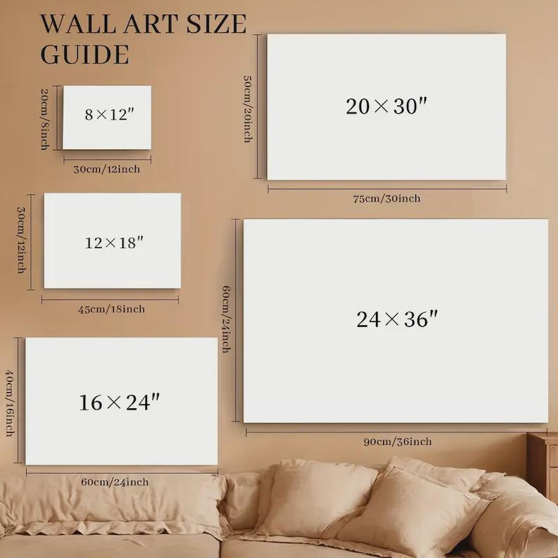 Puede incluir: Una gu&iacute;a de tama&ntilde;os de arte mural muestra lienzos rectangulares. Los tama&ntilde;os incluyen 20x30cm (8x12 pulgadas), 30x45cm (12x18 pulgadas), 40x60cm (16x24 pulgadas), 50x75cm (20x30 pulgadas) y 60x90cm (24x36 pulgadas). La gu&iacute;a est&aacute; sobre un fondo neutro.