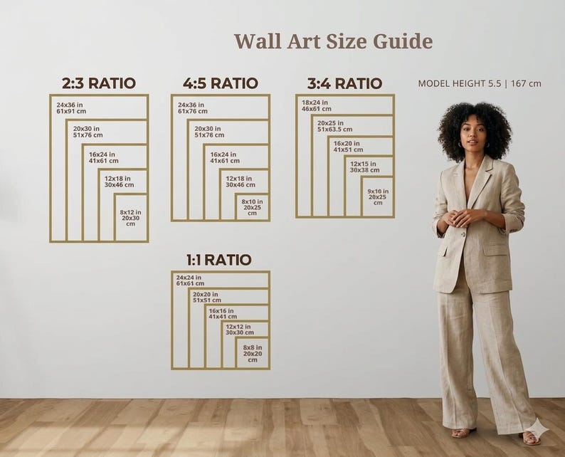 May include: Wall Art Size Guide graphic with size ratios and dimensions in inches and centimeters. A woman in a beige suit stands next to the guide. The guide shows 2:3, 4:5, 3:4, and 1:1 ratios with measurements like 24x36 in (61x91 cm).