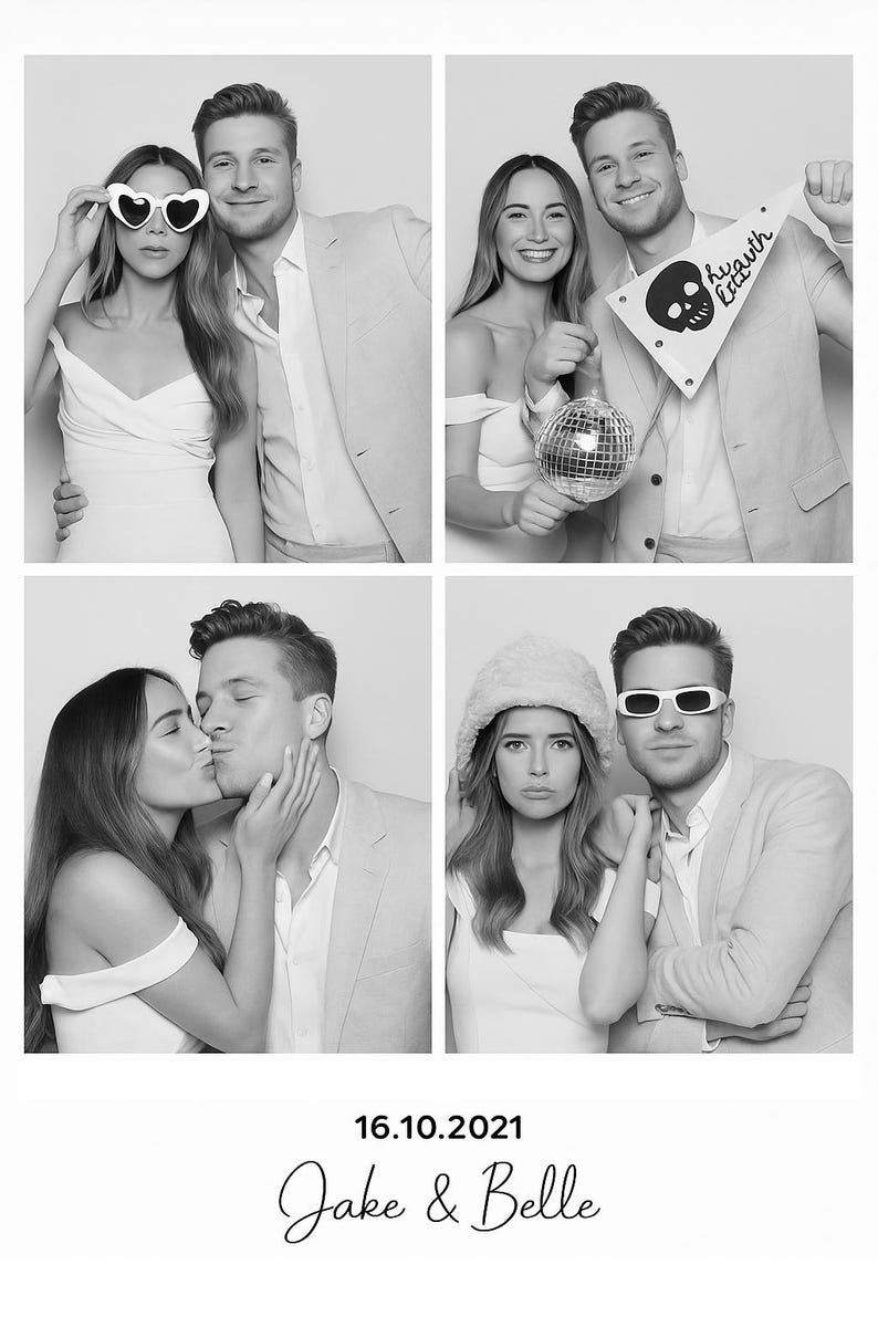 Puede incluir: Una tira de fotomat&oacute;n en blanco y negro con cuatro poses de una pareja. Llevan gafas de sol, sostienen accesorios y se besan. La fecha "16.10.2021" y los nombres "Jake & Belle" est&aacute;n escritos en la parte inferior.