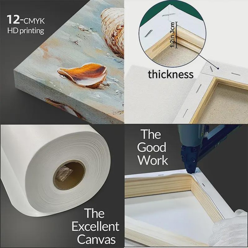 Puede incluir: Imagen de varios paneles que muestra la producci&oacute;n de arte en lienzo. Incluye un primer plano de una pintura de conchas marinas, una esquina de lienzo con un grosor de 3 cm, un rollo de lienzo y una grapadora que asegura el lienzo a un marco de madera. Texto: 12-CMYK HD printing, The Excellent Canvas, The Good Work.