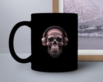Skull with Headphones Mug, Unique Skull Mug, Cool Goth Mug, Rock and Roll Mug, Music Lover Gift, Trendy Coffee Mug, Skull Art Design Mug