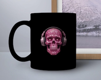 Unique Skull Mug with Headphones Design, Pink Skull Mug, Music Lover's Mug, Cool Skull Headphones Mug, Gift for Music Fans, Trendy Skull Mug