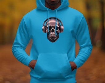 Skull Headphones Hoodie, Cool Music Hoodie, Mysterious Skull Design, Trendy Hooded Sweatshirt, Music Lover Gift Hoodie, Unique Skull Hoodie