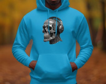 Headphone Skull Hoodie, Music Lover Gift, Cool Graphic Hoodie, Gothic Style Hoodie, Unisex Streetwear, Skull Art Clothing