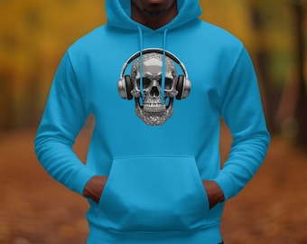 Skull Headphones Hoodie, Unique Music Lover Gift, Cool Skull Design Clothing, Skull Audio Hoodie for Music Fans, Halloween Themed Apparel