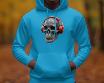 Unique headphone skull hoodie, edgy skull and headphones design, perfect for music lovers, gothic fashion, statement apparel