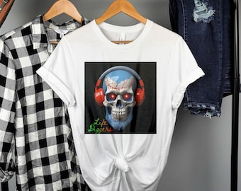 Skull Headphones Graphic Tee, Blue Skull with Headphones Shirt, Cool Skull Art T-Shirt, Unique Skull Design Tee, Edgy Skull Cartoon Shirt