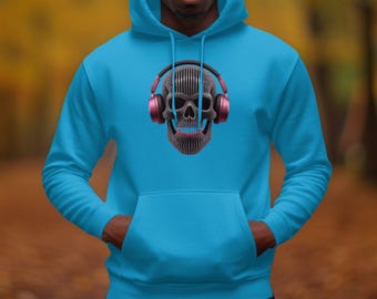 Headphone Skull Hoodie Music Lover Gift Unique Graphic Pullover Mystery Design Sweatshirt Unisex Casual Wear Fun Apparel