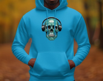 Headphone Skull Hoodie, Music and Mystery Hoodie, Unique Skull Graphic, Cool Skull Design, Trendy Music Hoodie, Edgy Fashion