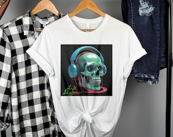 Retro Skull with Headphones Graphic Tee, Cool Skull Design T-Shirt, Music Lover Gift, Hipster Style Shirt, Unique Art Tee