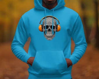 Headphone Skull Hoodie, Skull with Headphones Hoodie, Unique Music Lover Hoodie, Cool Skull and Headphones Graphic Hoodie