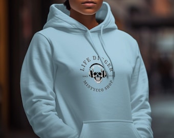 Life Digger Hoodie, Skull Headphones Hoodie, Mistycco Shop Hoodie, Unisex Graphic Hoodie, Trendy Streetwear, Casual Style Hoodie