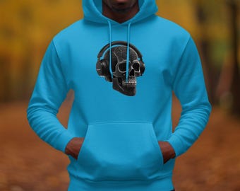 Skull Headphones Hoodie, Music Lover Gift, Skull Design Sweatshirt, Gothic Streetwear, Rock and Roll Hoodie, Mystery and Music Apparel