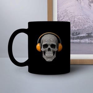 Unique Skull Mug with Headphones, Music Lover Gift, Cool Skull Coffee Cup, Stylish Skull Drinkware, Skull Lover Kitchen Decor