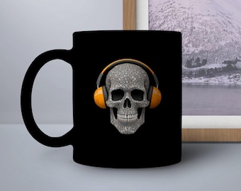 Unique Skull Mug with Headphones, Music Lover Gift, Cool Skull Coffee Cup, Stylish Skull Drinkware, Skull Lover Kitchen Decor