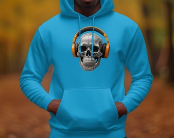 Headphone Skull Hoodie, Skull Lover Gift, Music Enthusiast Hoodie, Edgy Fashion Wear, Unique Hoodie Design, Cool Skull Hoodie