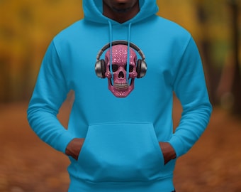 Headphone Skull Hoodie, Unique Music Lover Gift, Mysterious Skull Design Sweatshirt, Trendy Casual Wear, Spooky Skull Headphones, Stylish