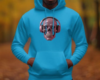 Headphone Skull Hoodie, Unique Skull Design Hoodie, Music Lover's Hoodie, Edgy Streetwear Hoodie, Cool Skull Graphic Hoodie