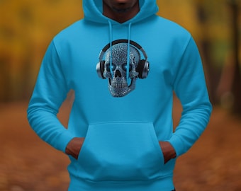 Skull Headphone Hoodie, Unique Music Lover Gift, Cool Skull Hoodie, Mystery and Music, Mens and Womens Hoodie, Trendy Streetwear
