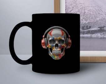 Skull Mug with Headphones Detailed Artwork Coffee Mug Unique Gift Idea for Him Halloween Skull Mug Fun Mugs For Coffee Lovers