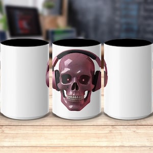Skull Mug with Headphones Design, Unique Skull Mug, Cool Skull Coffee Mug, Stylish Skull Mug for Music Lovers, Pink Skull Headphones Cup