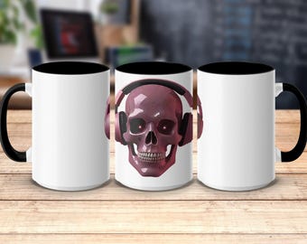 Skull Mug with Headphones Design, Unique Skull Mug, Cool Skull Coffee Mug, Stylish Skull Mug for Music Lovers, Pink Skull Headphones Cup