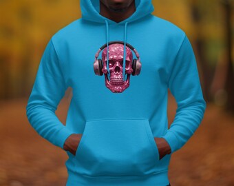 Headphone Skull Hoodie, Music and Mystery Combined, Unique Graphic Hoodie, Unisex Sweatshirt, Bold Fashion Statement, Trendy Streetwear